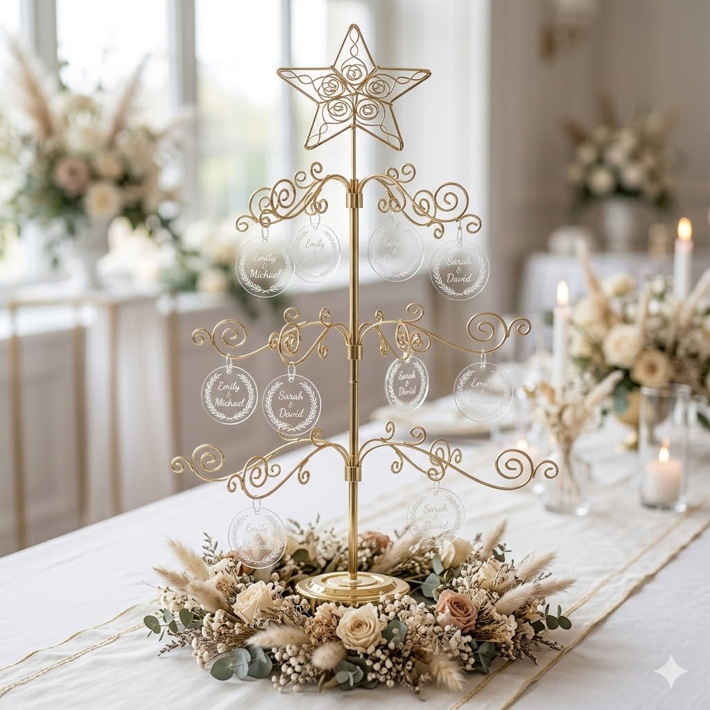 HOHIYA 24 Inch Tabletop Rotating Ornament Display Tree 3-Tier Metal Stand with 36 Hooks, Small Christmas Tree for Desk Countertop Jewelry and Keepsake Holder Brass Gold